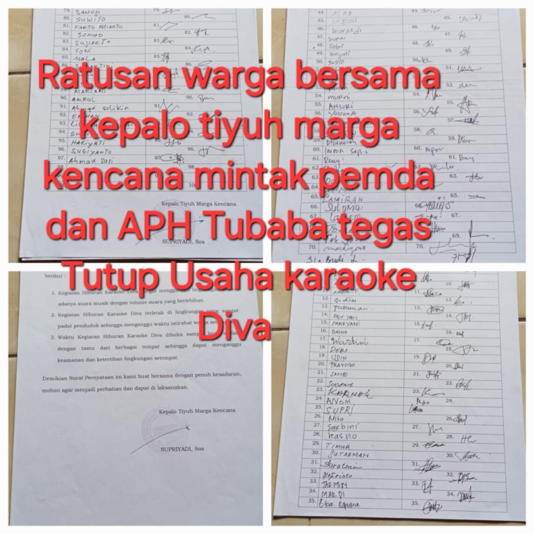Ratusan warga berikut kepalo Tiyuh buat surat Resmi penolakan Usaha Karaoke Diva marga kencana Tubaba segera di Tutup