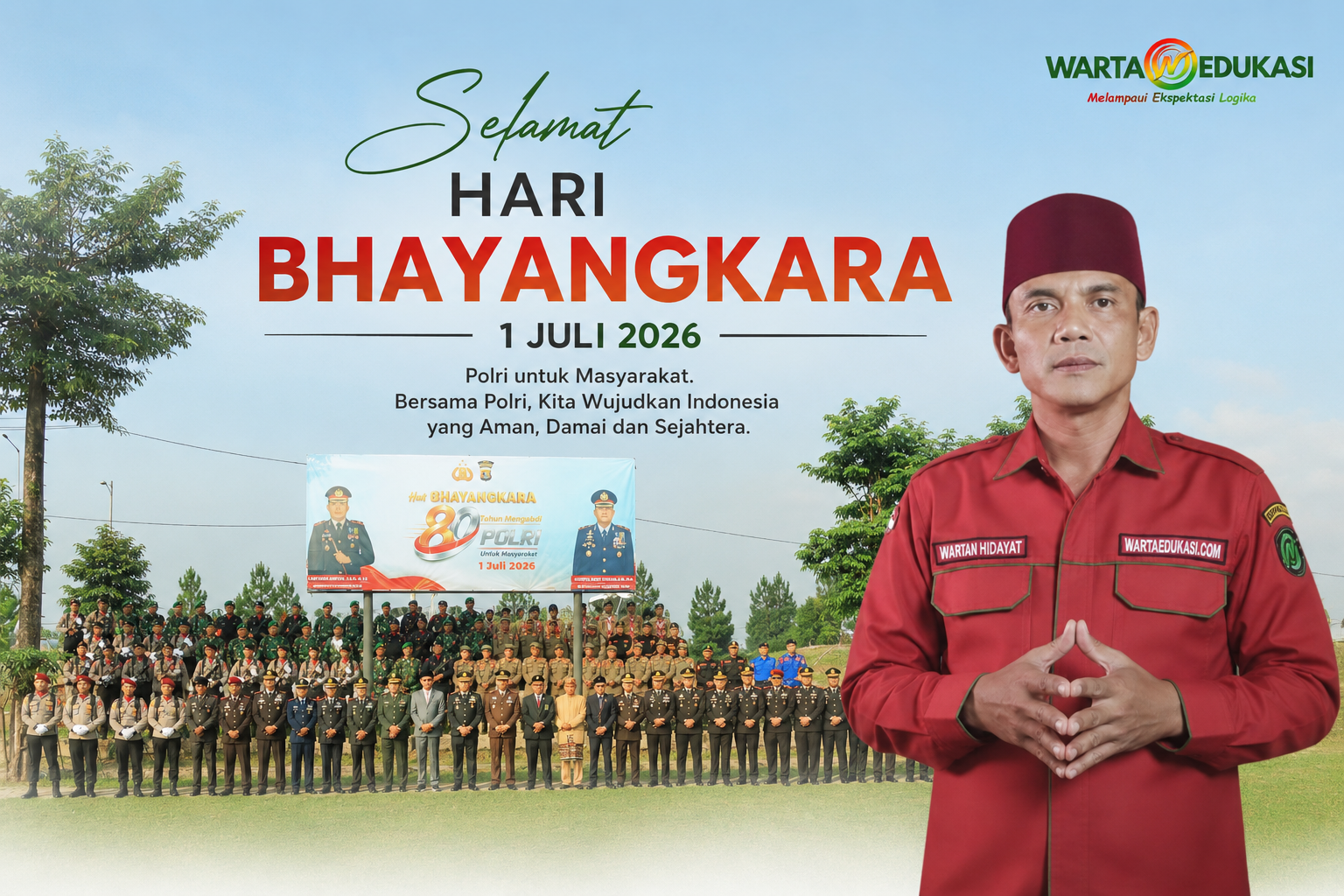 Ucapan Selamat Hari Bhayangkara ke-80 Tahun 2026 dari Warta Edukasi dengan latar foto bersama Polres Tulang Bawang Barat dan logo Warta Edukasi.