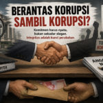 Ilustrasi editorial bertema pemberantasan korupsi dengan simbol transparansi, dokumen anggaran, jabat tangan, dan uang sebagai representasi konseptual praktik korupsi di Indonesia.