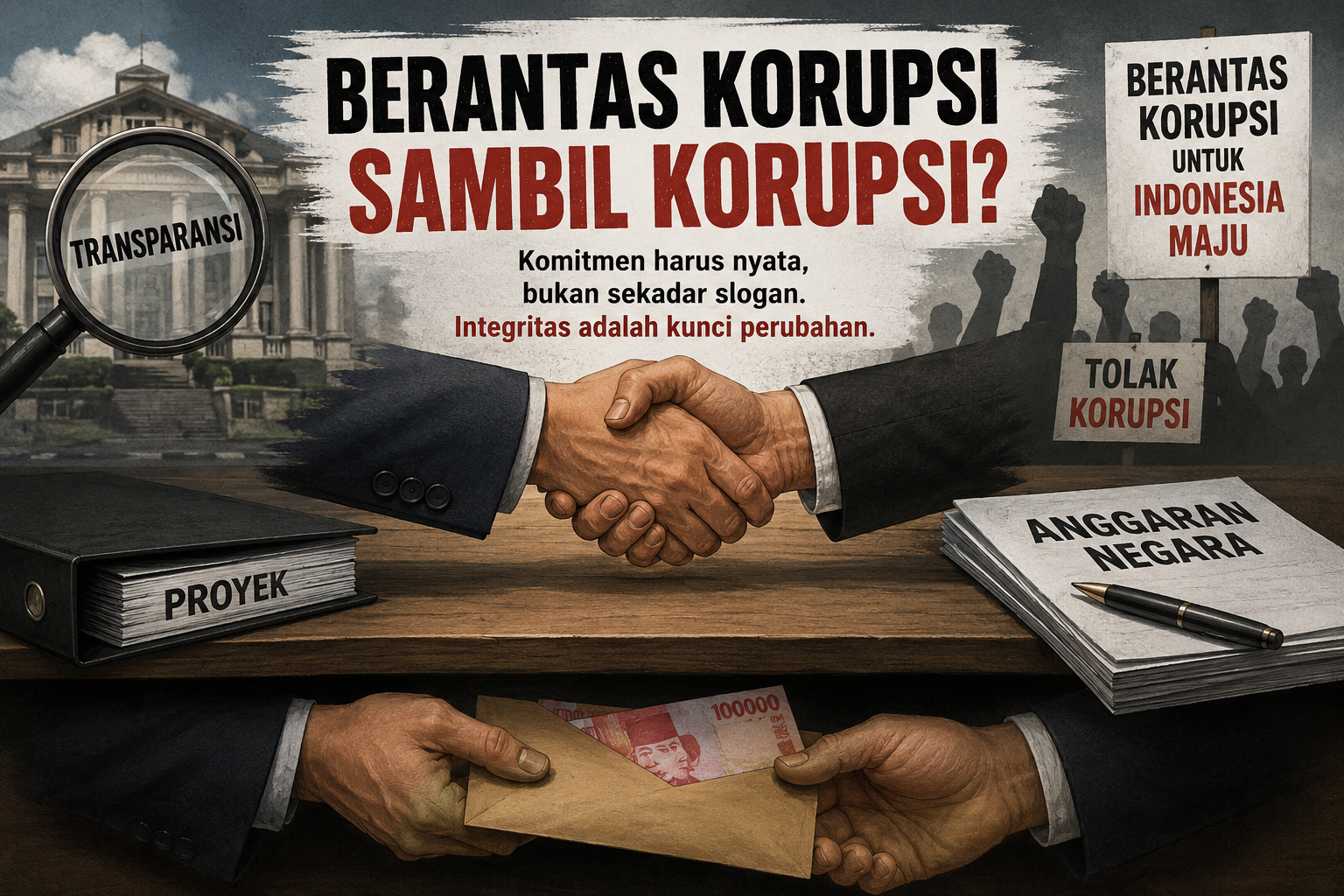Ilustrasi editorial bertema pemberantasan korupsi dengan simbol transparansi, dokumen anggaran, jabat tangan, dan uang sebagai representasi konseptual praktik korupsi di Indonesia.