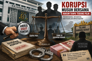 Ilustrasi penegakan hukum dalam pemberantasan korupsi tanpa tebang pilih sebagai simbol keadilan dan transparansi di Indonesia serta refleksi terhadap dugaan korupsi di Tulang Bawang Barat.