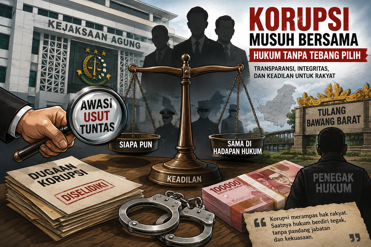 Ilustrasi penegakan hukum dalam pemberantasan korupsi tanpa tebang pilih sebagai simbol keadilan dan transparansi di Indonesia serta refleksi terhadap dugaan korupsi di Tulang Bawang Barat.
