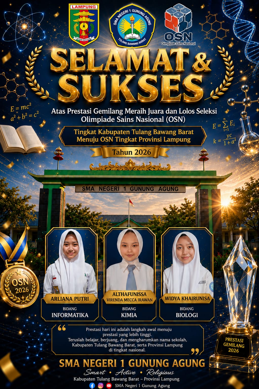 OSN Provinsi Lampung 2026: Tiga Siswa SMAN 1 Gunung Agung Lolos
