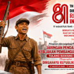 Poster peringatan HUT ke-81 Republik Indonesia menampilkan sosok pejuang mengangkat senjata dengan latar bendera Merah Putih dan ucapan Dirgahayu RI dari JPKP Tulang Bawang Barat.