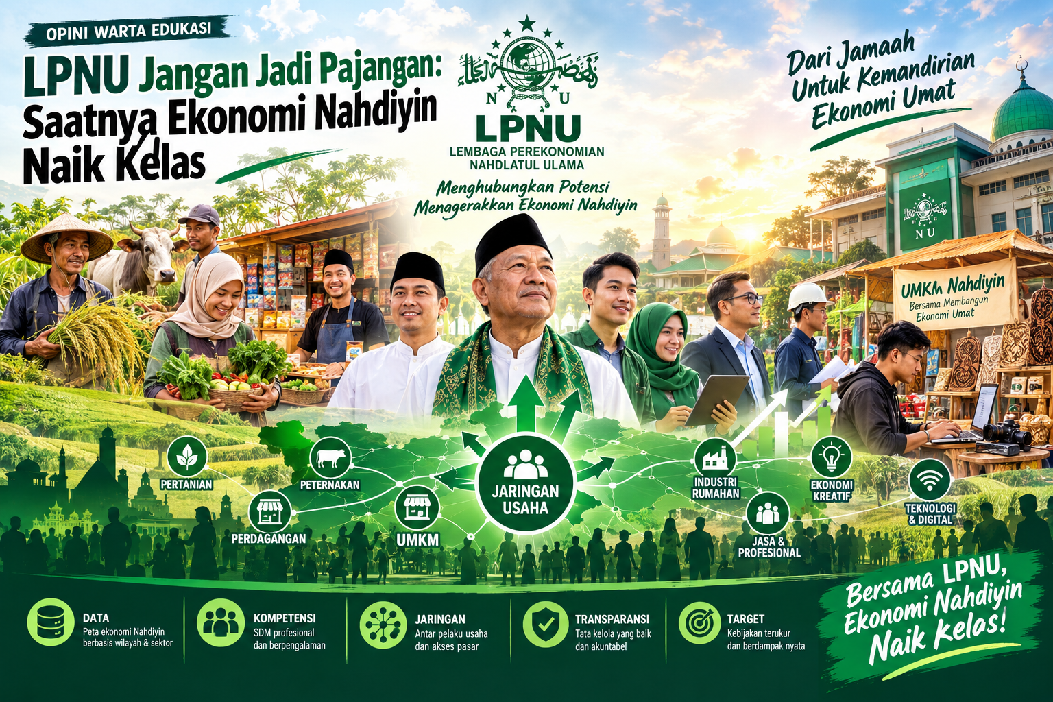 Ilustrasi LPNU sebagai penggerak ekonomi Nahdiyin melalui jaringan UMKM, pertanian, perdagangan, peternakan, industri, jasa, dan ekonomi digital