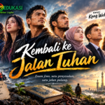 Ilustrasi cerpen Kembali ke Jalan Tuhan menampilkan enam tokoh laki-laki dan perempuan dalam perjalanan pertobatan, berlatar banjir, aksi penyelamatan, kitab suci, dan masjid dengan nuansa harapan serta cahaya spiritual.