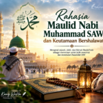 Ilustrasi Maulid Nabi Muhammad SAW dengan masjid, Al-Qur'an, tasbih, lentera dan suasana umat Islam bershalawat sebagai wujud cinta kepada Rasulullah.