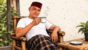 Seorang pria mengenakan kaos oblong putih dan peci merah maroon yang sedikit miring, duduk santai di kursi bambu sambil memegang secangkir kopi panas.