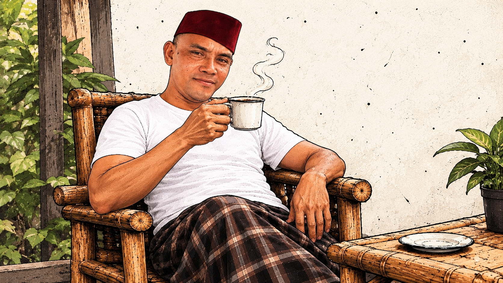 Seorang pria mengenakan kaos oblong putih dan peci merah maroon yang sedikit miring, duduk santai di kursi bambu sambil memegang secangkir kopi panas.