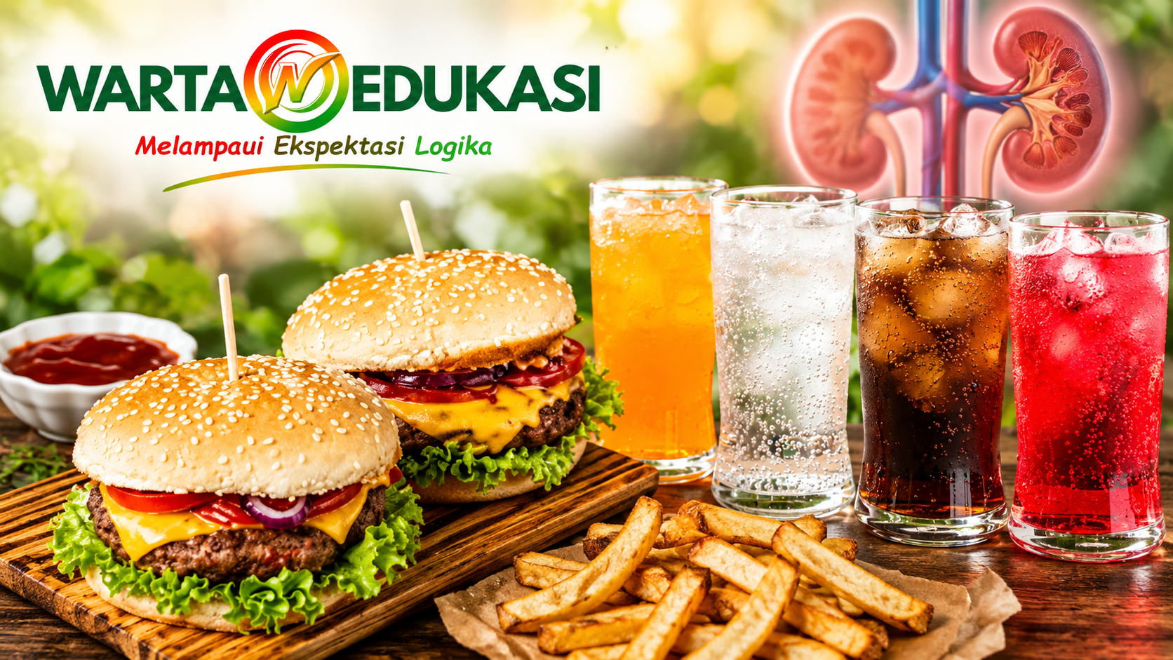 Ilustrasi makanan dan minuman yang dapat memperberat kerja ginjal serta memengaruhi kesehatan ginjal.