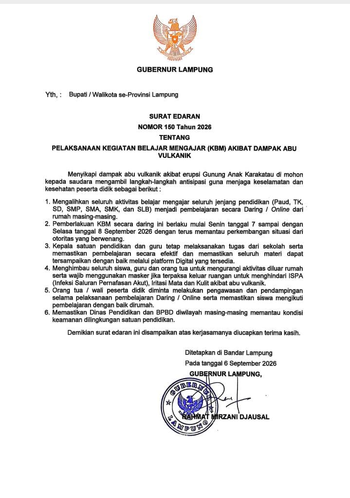 KBM Daring Lampung berlaku 7–8 September 2026 untuk semua jenjang sebagai langkah antisipasi dampak abu vulkanik Gunung Anak Krakatau kini.